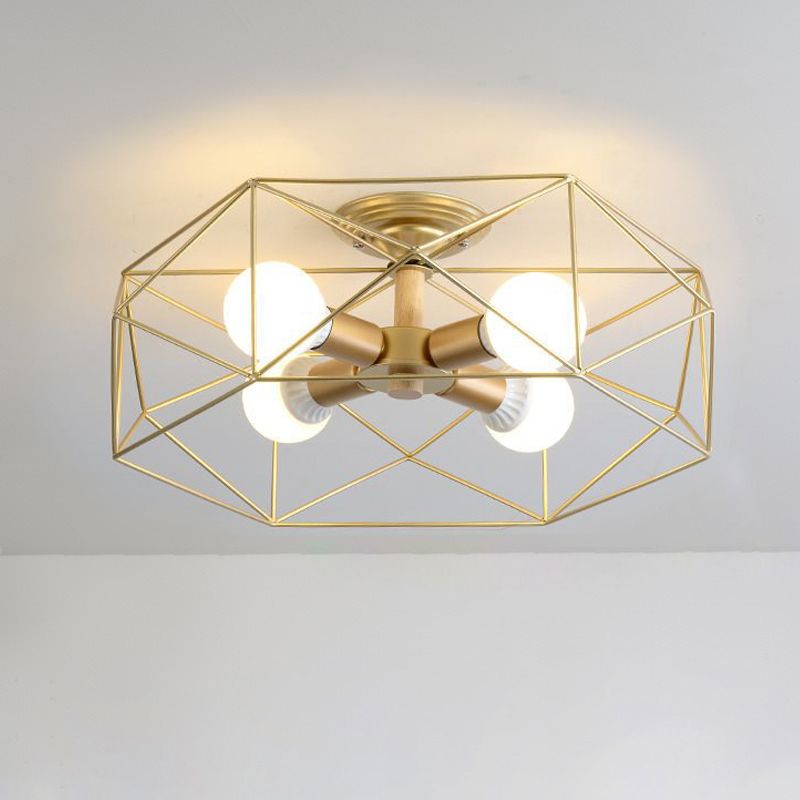 Geometric Opal Glass Semi Flush Industrial 3/4/5 Lights Bedroom Light Fixture in Gold