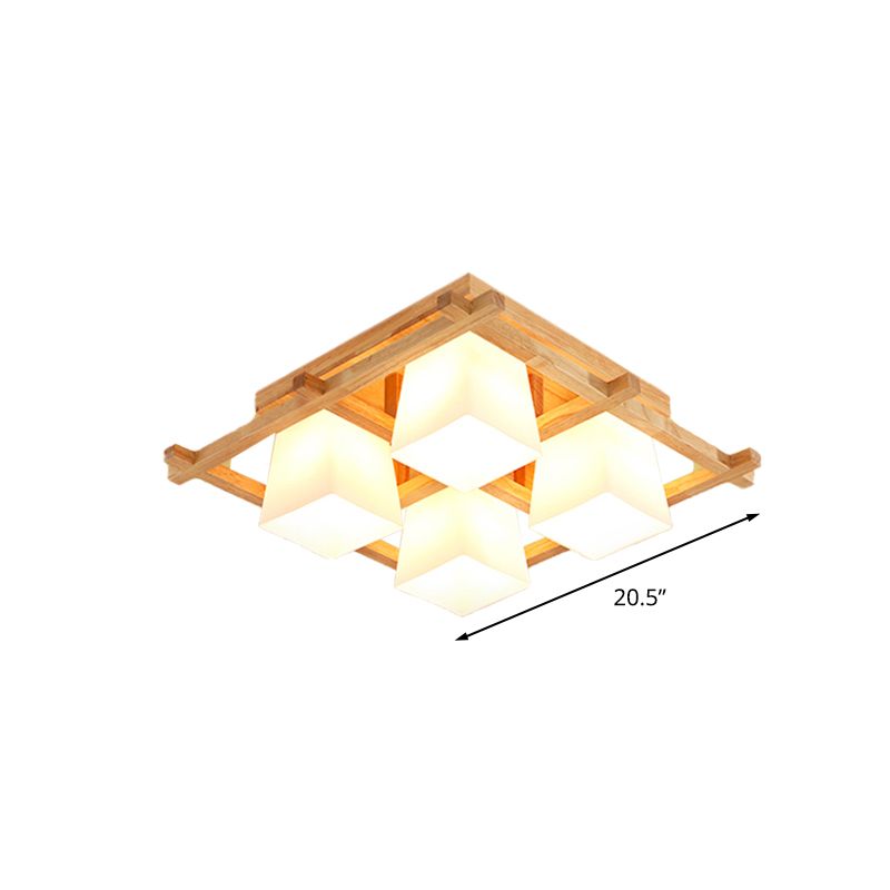 Wooden Checkerboard Shape Flush Mount Light Study Room Japanese Style Ceiling Light in Beige