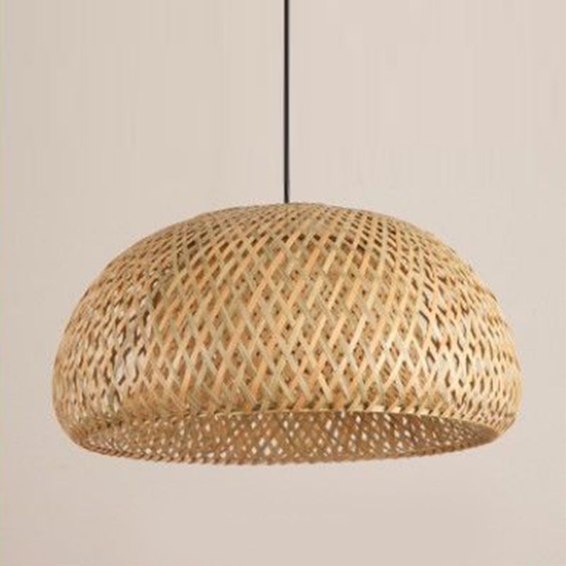 Dome Shade Pendant Light Fixture Asian Bamboo 1 Bulb Dining Room Drop Light