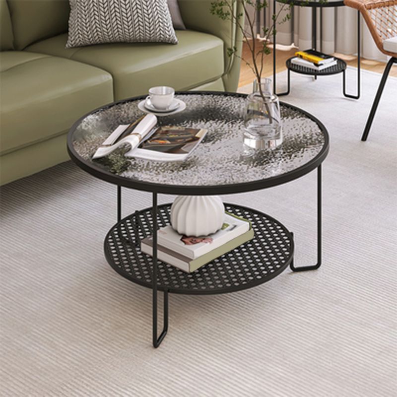 Contemporary Cocktail Table with Glass Top and Iron Base and Shelf