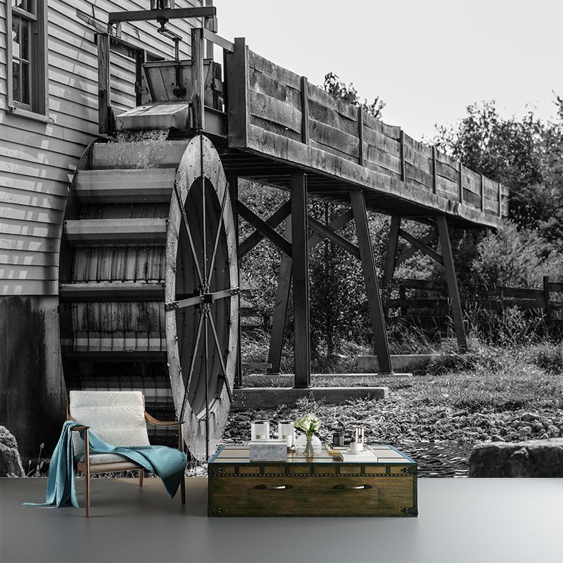 Photography Country Mural Wallpaper with Water Mill  Painting for Decoration