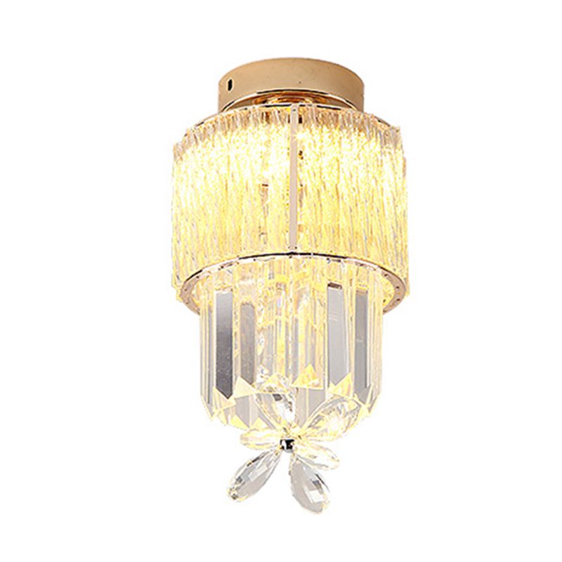 LED Hallway Ceiling Mounted Light Modern Gold Semi Flush Light Fixture with Cylinder K9 Crystal Shade