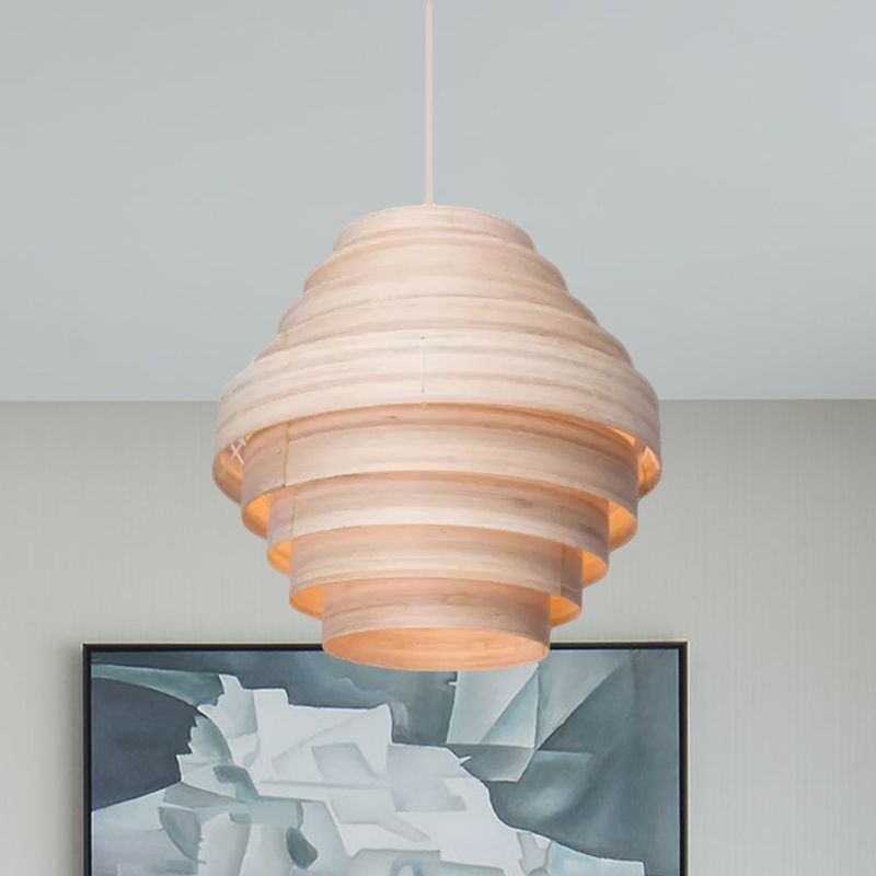 Modern Tiered Suspension Pendant Wooden 1-Light Living Room Hanging Ceiling Light in Natural Wood