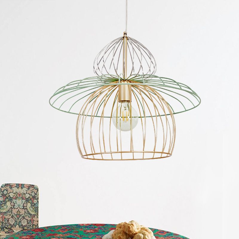Iluminación colgante de jaula de alambre de metal Nordic Estilo simple 1 Luz de suspensión de oro ligero para comedor