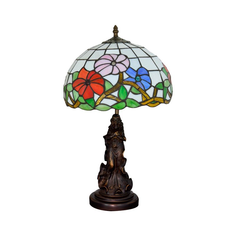 Lampada da comodino Beauty in bronzo Tiffany Lampada da tavolo in resina a 1 lampadina con paralume in vetro floreale rosa/viola