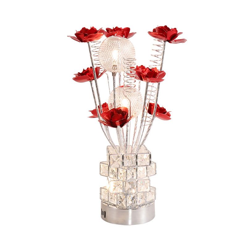 Lampada da tavolo floreale Art Decor Lampada da scrivania a LED in alluminio con base in blocco di cristallo in viola/rosso per comodino