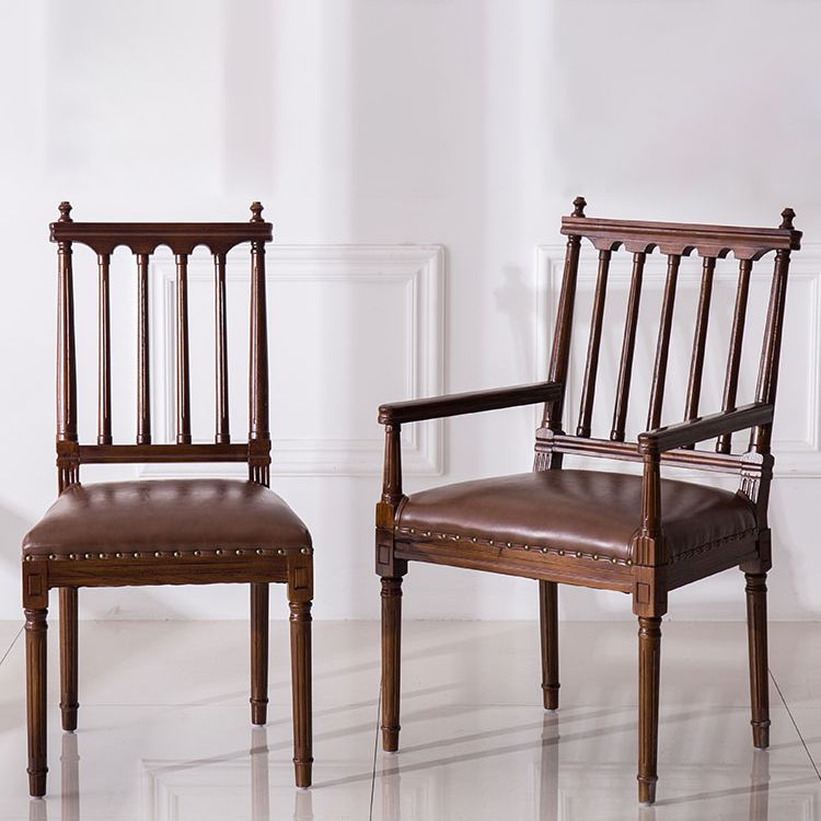 Traditional Study Room Leather Arm Chair Walnut Slat Back Dining Chair