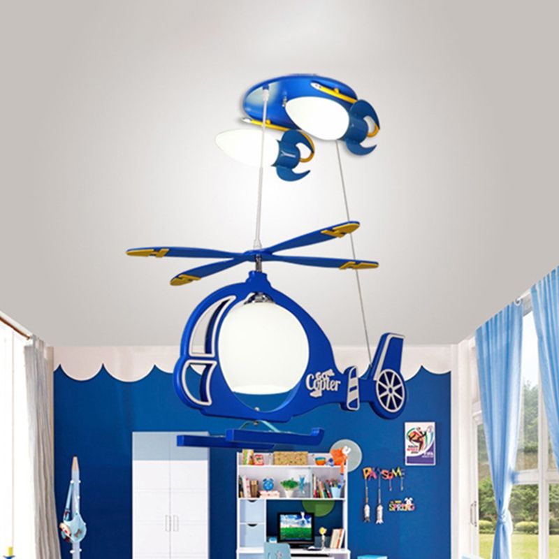 Copter Aircraft Boy's Room Ceiling Light Cream Glass 5-Light Kids Flush Mount Chandelier in Blue