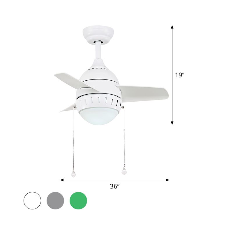 3 Blades LED Hanging Fan Lamp Modern Bedroom Semi Flush Light with Oval Acrylic Shade in Silver/White/Green, 26"/36" Wide