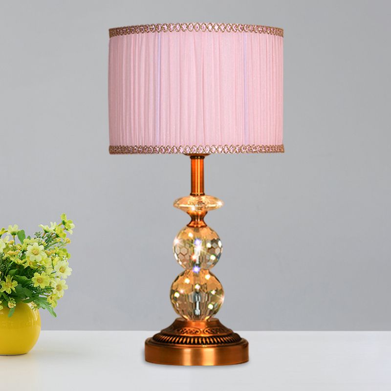 1 Bulb Pleated Fabric Night Stand Lamp Traditional Pink and White/Pink/Coffee Cylinder/Tapered Parlor Table Light with Faceted Crystal Orbs