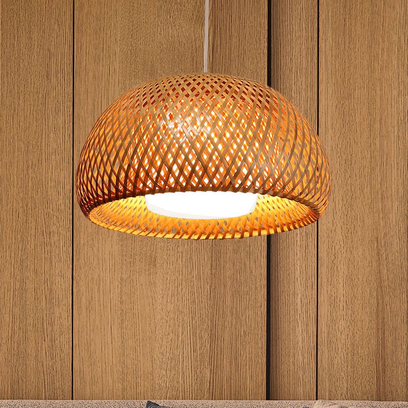 Bamboo Double-Decker Domed Hanging Lamp Rustic 1 Light Suspended Light for Restaurant Dining Room