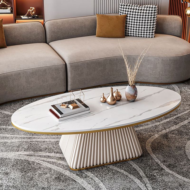 Glam Metal and Slate Cocktail Table Pedestal Coffee Table for Living Room
