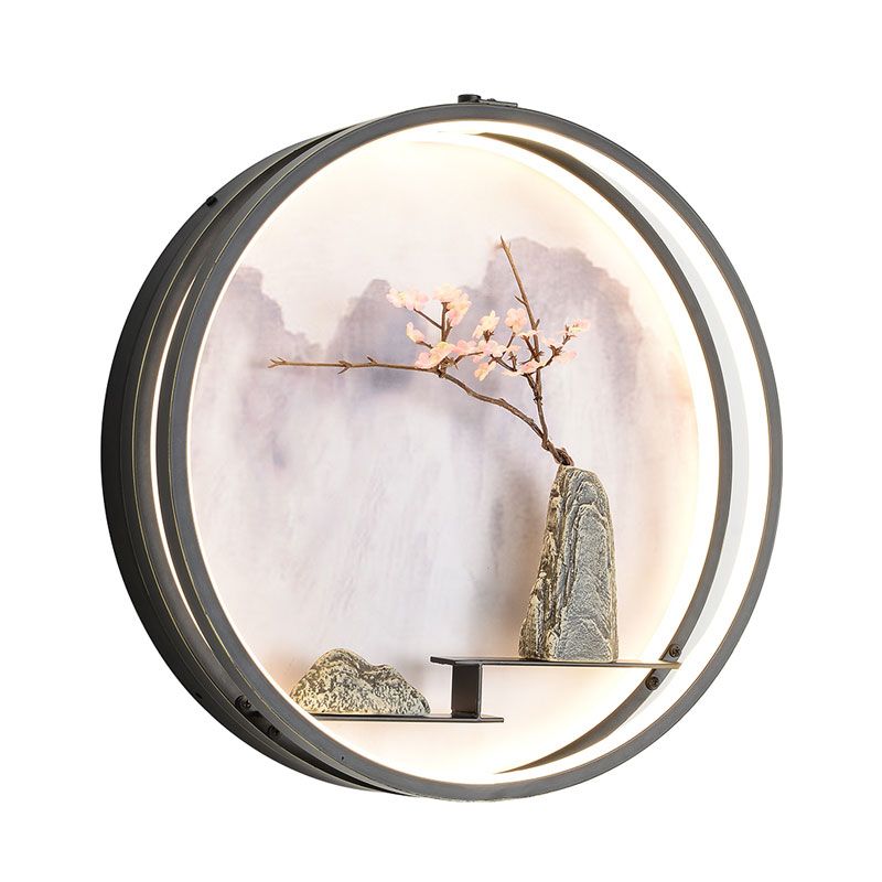 Oriental Rounded Metal Wall Mounted Light LED Wall Mural Lamp in Black with Mountain and Flower Pattern
