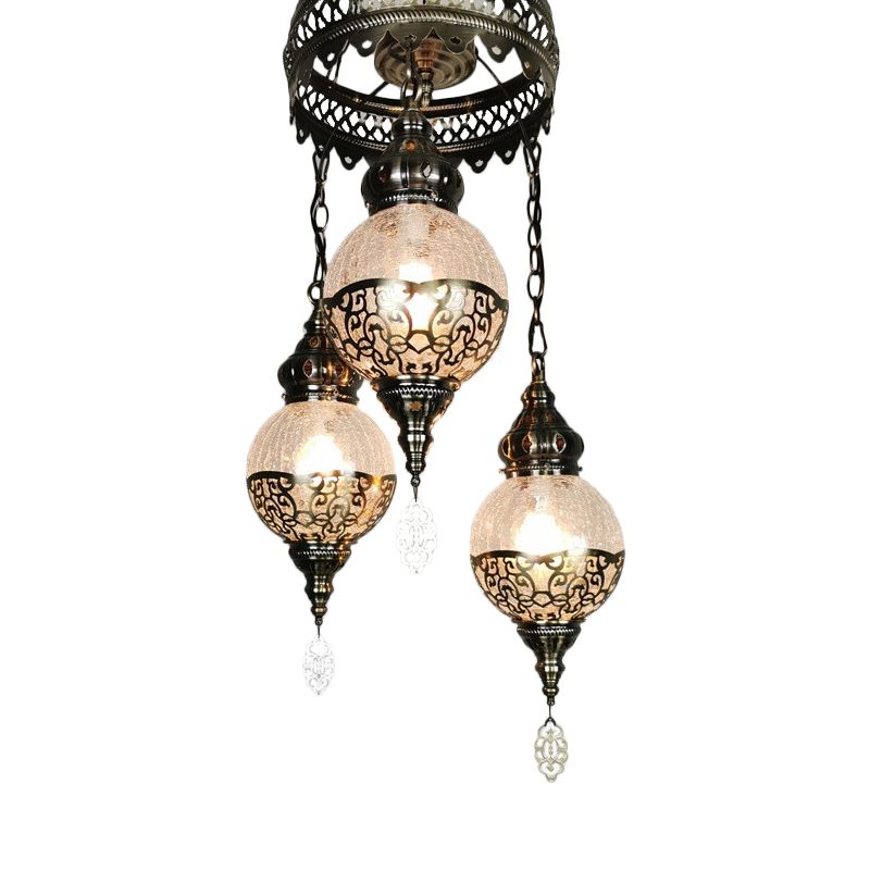 3 Heads Chandelier Lighting Traditional Globe Crackle Glass Hanging Ceiling Light in White/Bronze