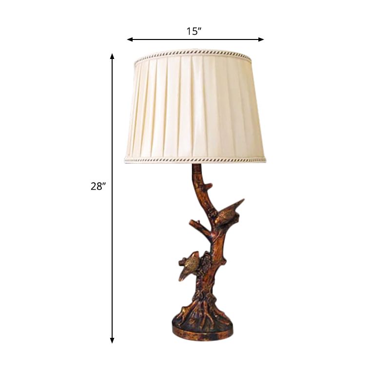 1-leichte Stoff Lesel Lampe rustikal beige Drum Schlafzimmer Schreibtisch Licht mit Baum und Vögeln