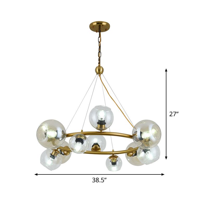 Contemporary 12 Lights Pendant with Clear Glass Shade Brass Round Hanging Ceiling Lamp