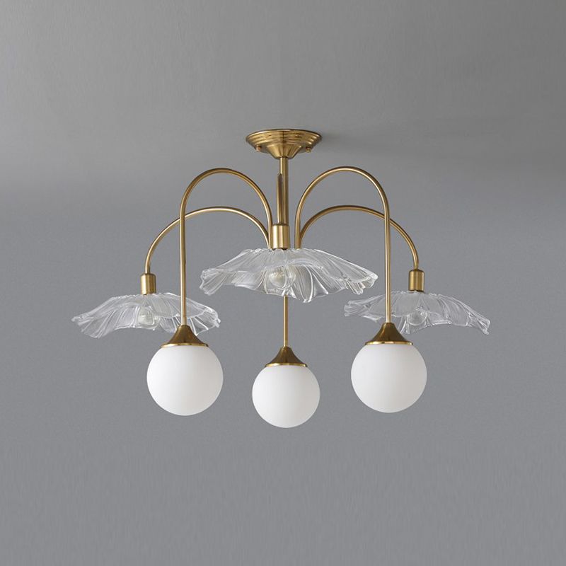Metal Semi Flush Lamp Traditional Multi-Head Bedroom Ceiling Lighting with Glass Shade