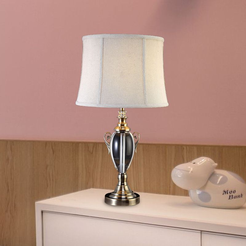Cream Gray 1 Light Night Table Lamp Simple Fabric Paneled Bell Nightstand Light with Crystal Deco