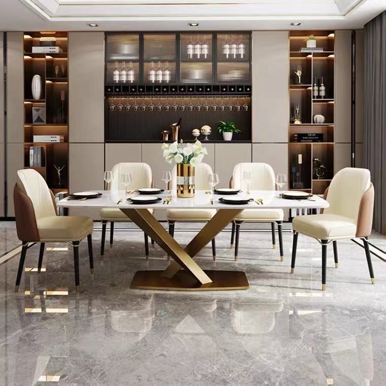 Metall traditionelle Luxus -Rechteck -Esstisch Sintered Stone Top Innentisch mit Sockelbasis