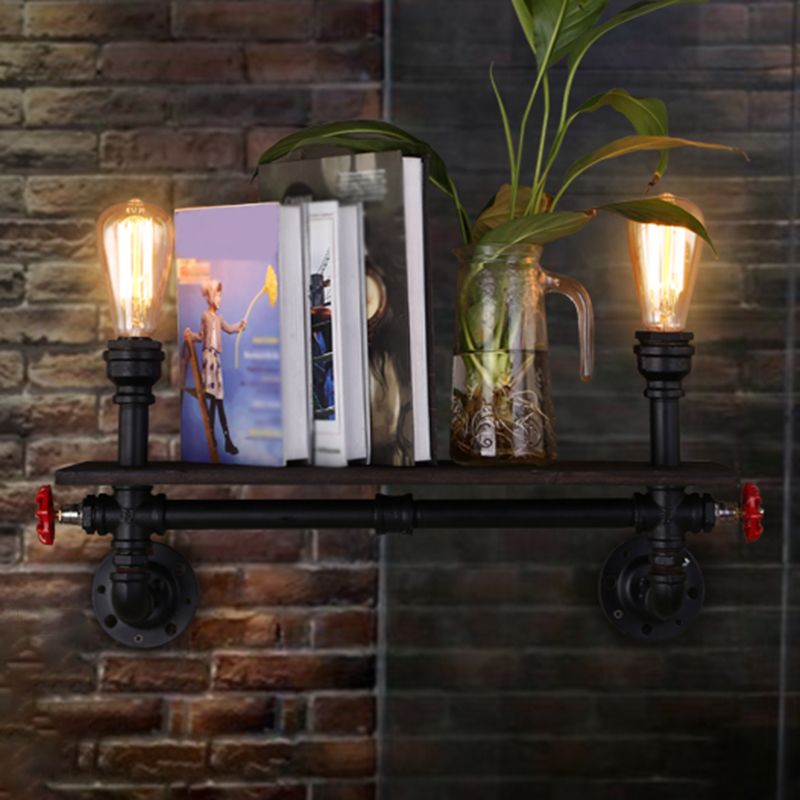 2 Heads Wall Light Retro Water Pipe Shelf Iron Wall Lighting Fixture in Black for Living Room