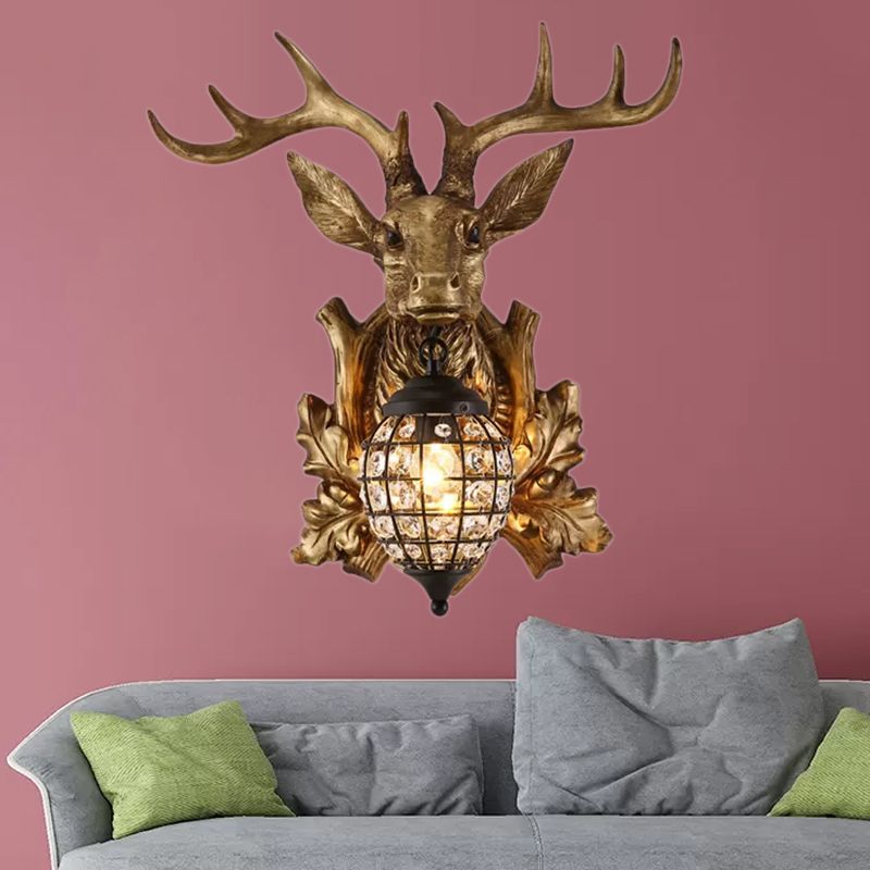 Ellipsoid Cage Beveled Crystal Sconce Farmhouse 12"/18" W 1 Head Living Room Wall Mount Lighting with Gold Antler Backplate