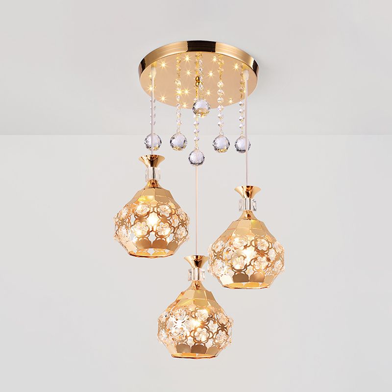 Dome Dinning Room Multi Hanging Light Crystal Embedded 3 Lights Modernism Suspension Lamp in Gold