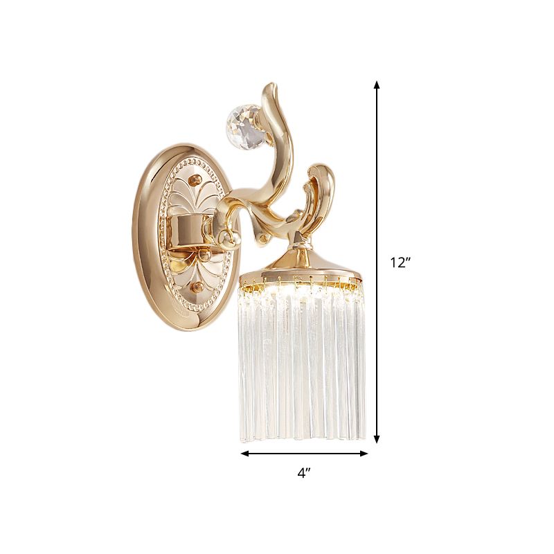 Clear Pipe Crystal Wall Lighting Vintage 1/2 Bulbs Wall Mounted Light Fixture with Curved Arm in Gold Finish