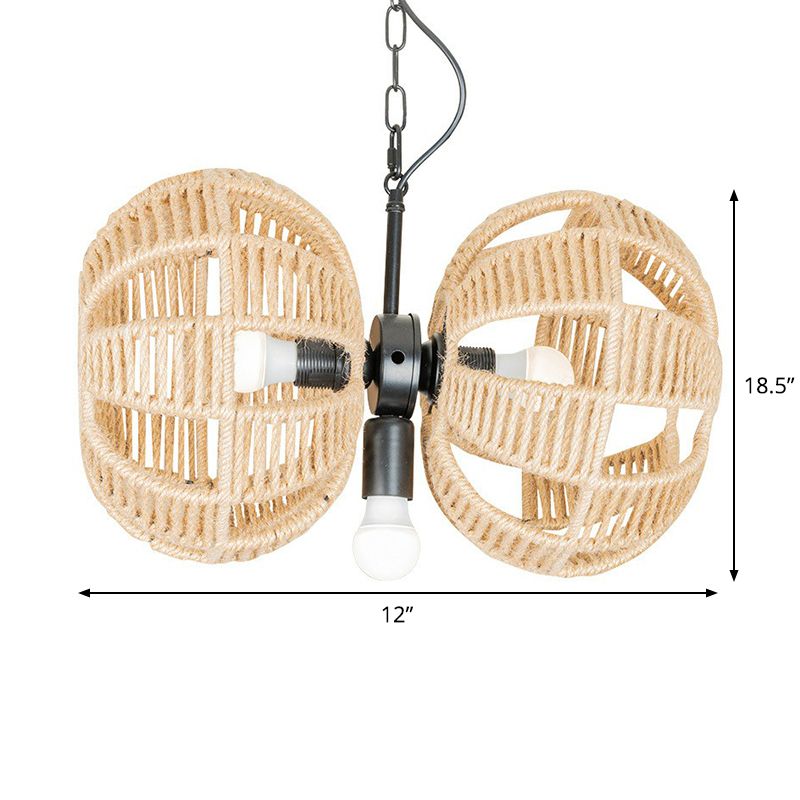 3 Lights Double Melon Suspension Pendant Farmhouse Brown Rope Chandelier Lamp over Table