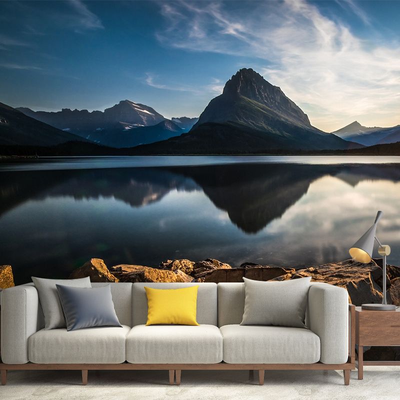 Sunrise Mountain Lake Reflection Mural Brown Modernism Wall Covering for Bedroom