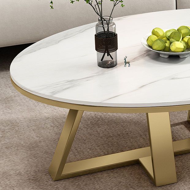 Metal Cross Legs Cocktail Table Luxurious Oval Stone Top Coffee Table