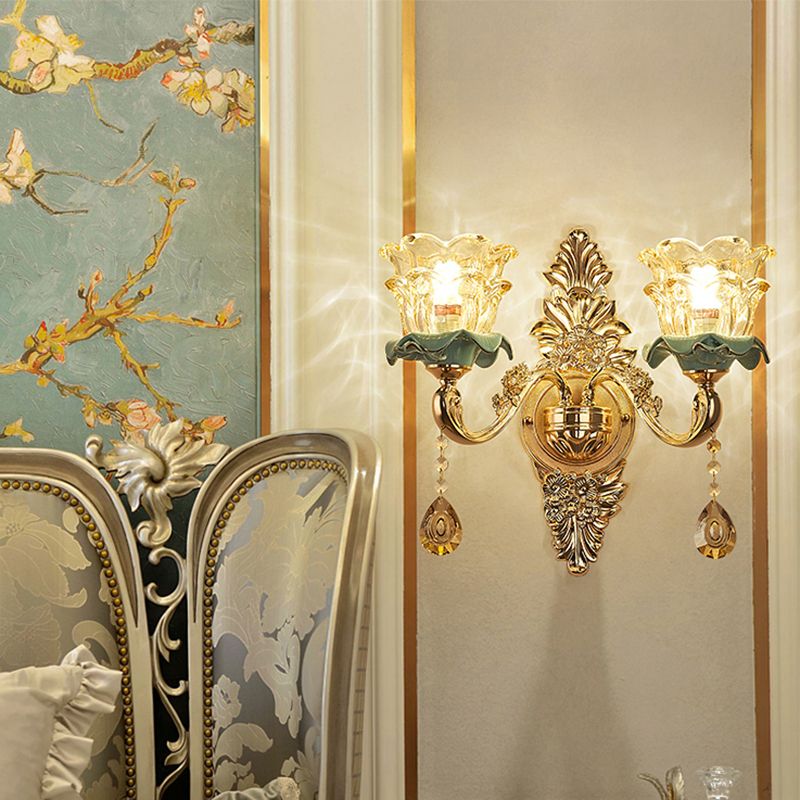Glass Gold Wall Mount Light Ruffle Flower Retro Wall Lighting with Crystal Draping