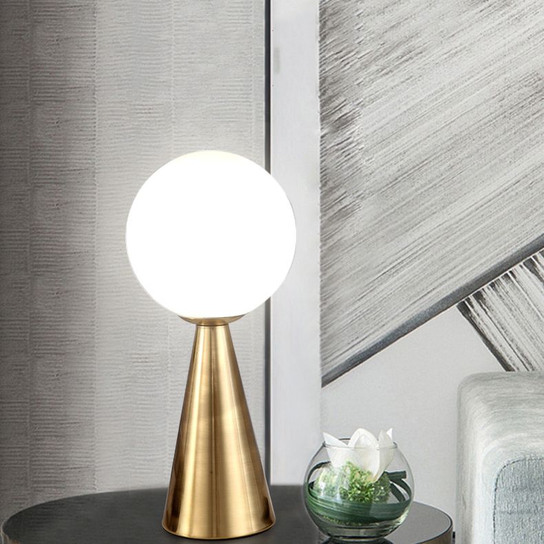 Conical Table Lamp Postmodern 1-Light Metal Night Light with Ball White Glass Shade