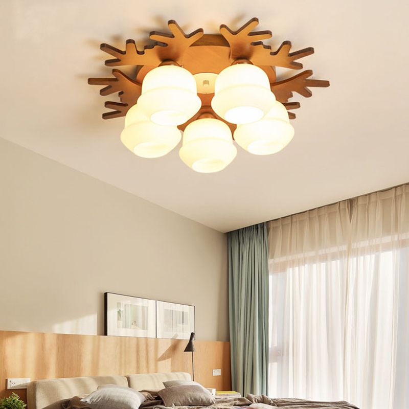 Antler Bedroom Flush Light Wood Nordic Style Flush Ceiling Light Fixture with White Glass Shade