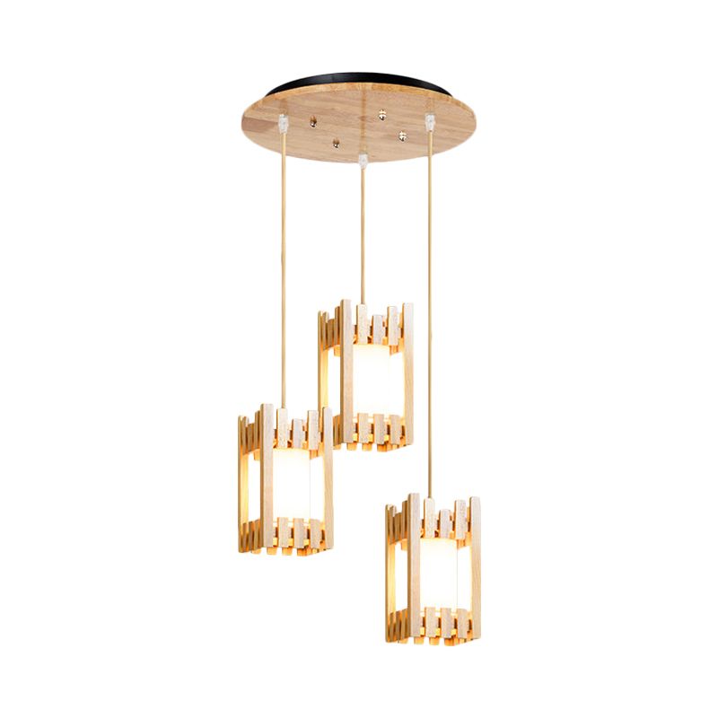 Wooden Cluster Arbor Pendant Asian 3 Bulbs Beige Ceiling Suspension Lamp with Inserted Fabric Lampshade