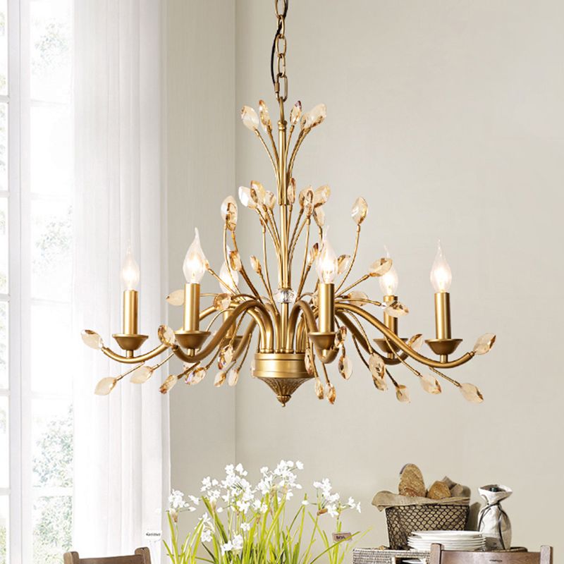 Candlestick Schlafzimmer Anhänger Leichte Vintage Metall 6 Lampenlampen Gold Kronleuchter mit Kristalldekoration