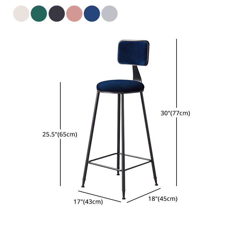 Contemporary Counter Bar Stool Backrest Velvet Bar Stool with Footrest, Iron Base