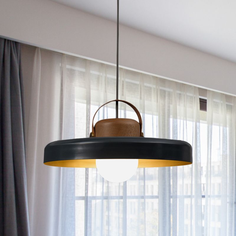Metal Flat Ceiling Light Modern 1 Head Black Down Lighting Pendant with Wooden Cap