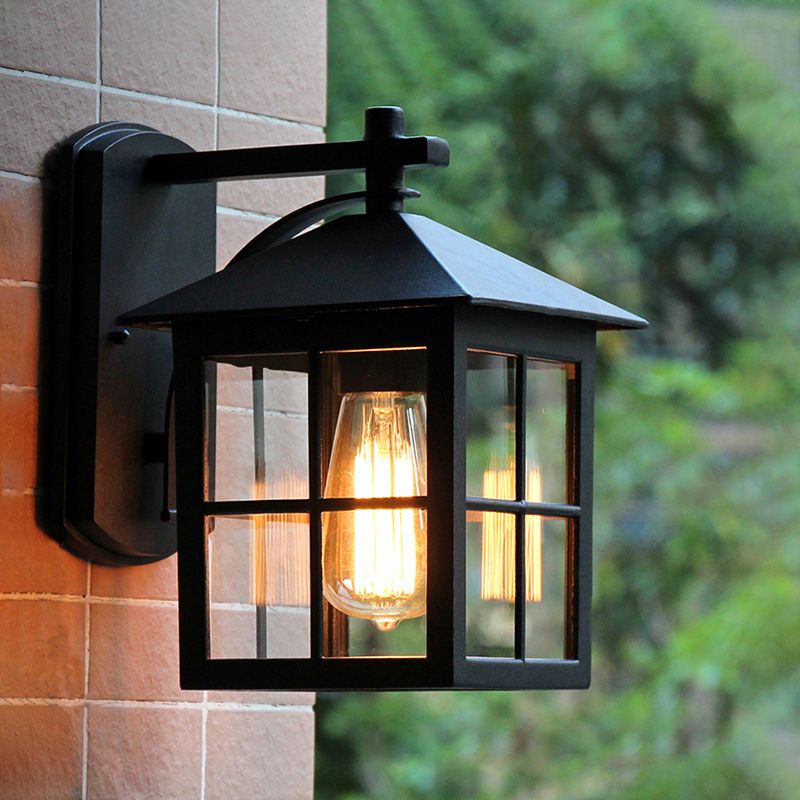 Black 1 Head Wall Sconce Light Lodges Clear Glass Cuboid Wall Lamp Fixture for Outdoor