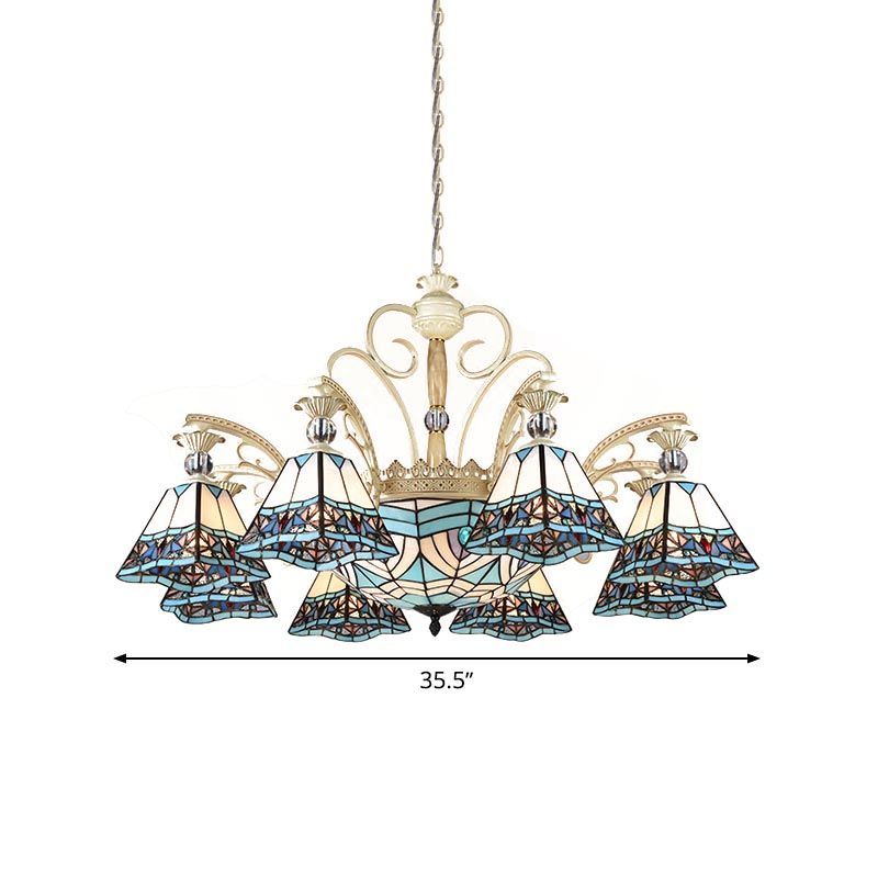 Luminaire lustre bleu en verre tachée Pyramide 11 lumières Baroque Plafon