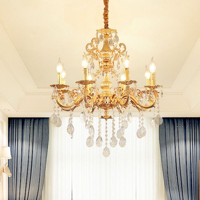 Metal Candle Chandelier Lighting Modern 8/10/12 Lights Brass Hanging Pendant with Crystal Draping