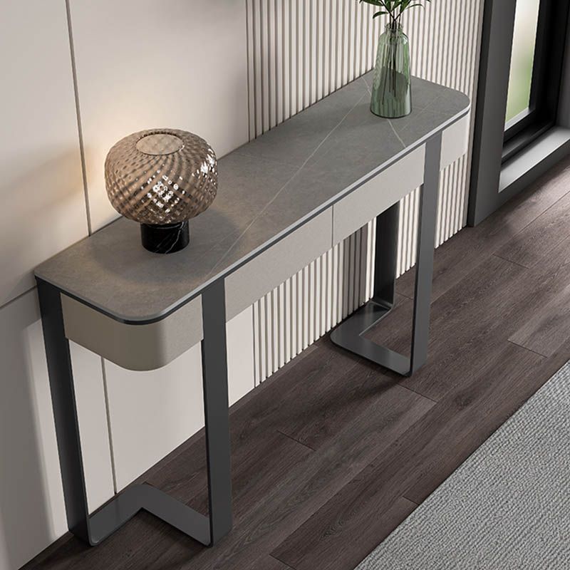 Modern Half Moon Console Table Stone Console Sofa Table in Gold/Grey
