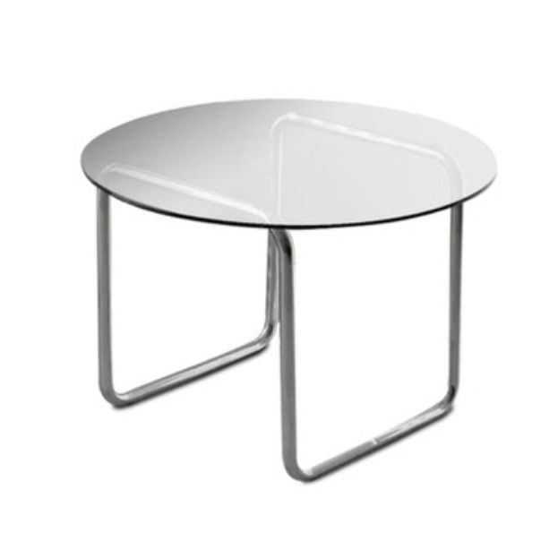 Modern Round Cocktail Table with Glass Top and Steel Sled Base