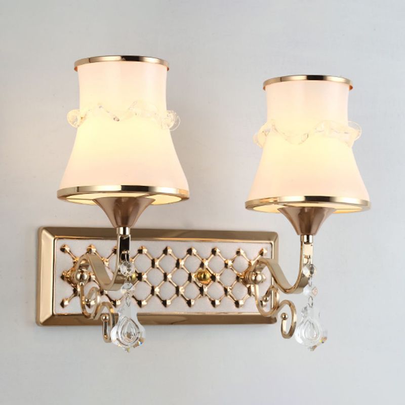 White Glass Flared Wall Lamp Contemporary Gold Wall Light Fixture for Bedroom