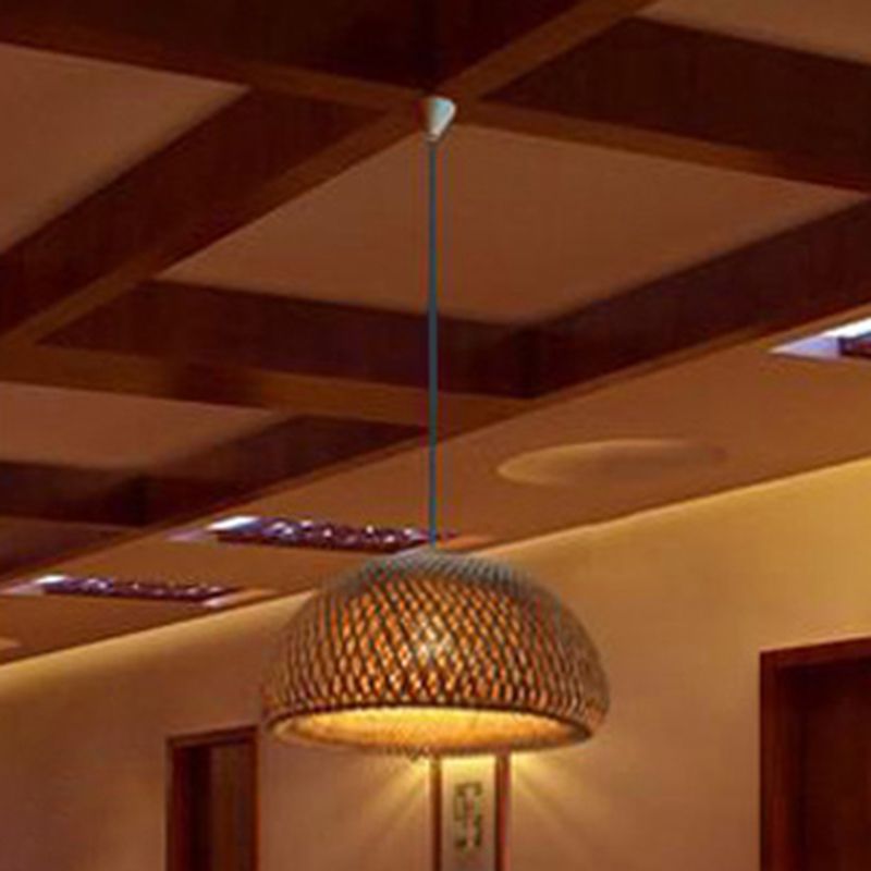 Bowl Bamboo Hanging Pendant Light Chinese Style Beige Pendant Ceiling Light for Restaurant
