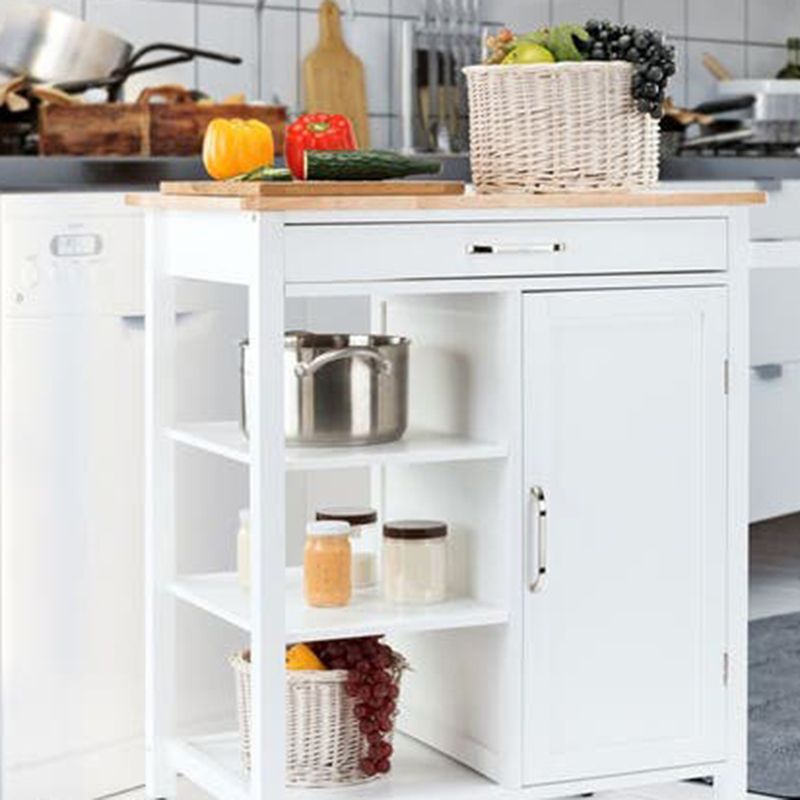 Matte Finish Wooden Kitchen Cart with Open Storage and Wheels