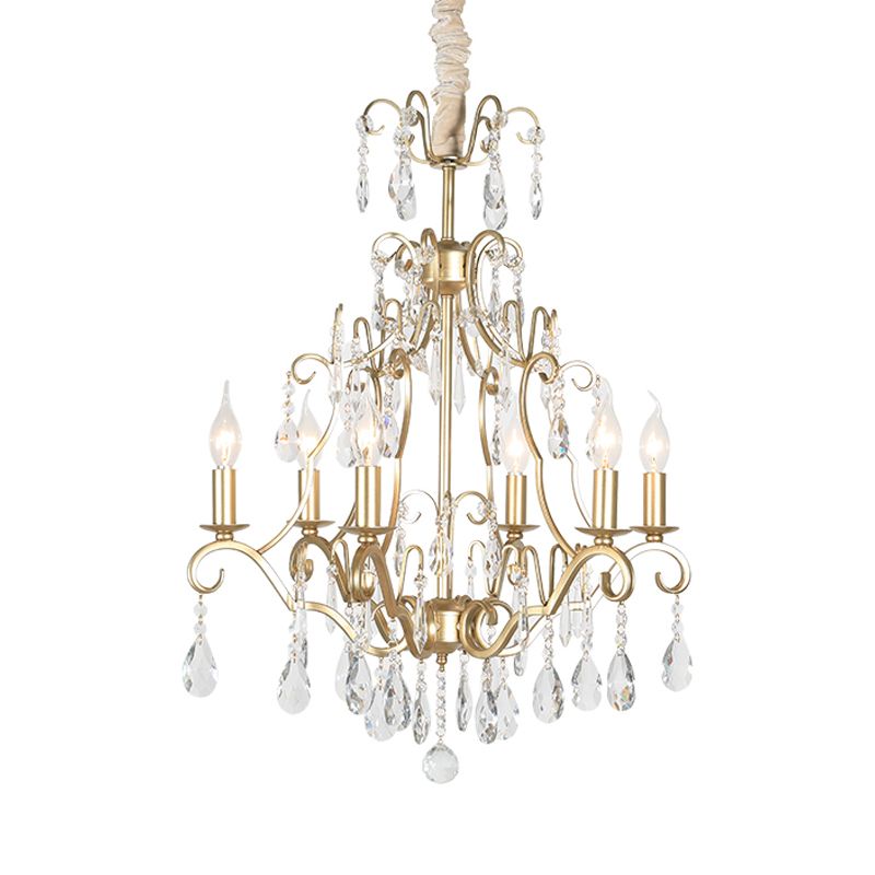 6 Lights Chandelier Lamp Lodge Curvy Arm Crystal Pendant Light Fixture in Gold for Bedroom