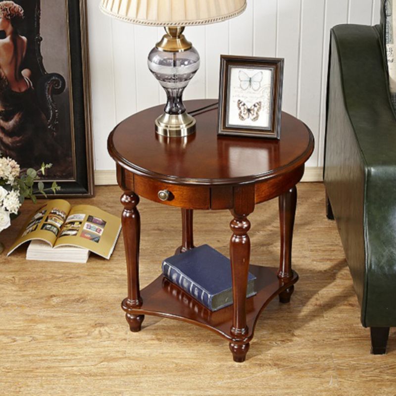 Traditional 24..4" Tall End Table in Brown Solid Wood Round Side Table with Shelf