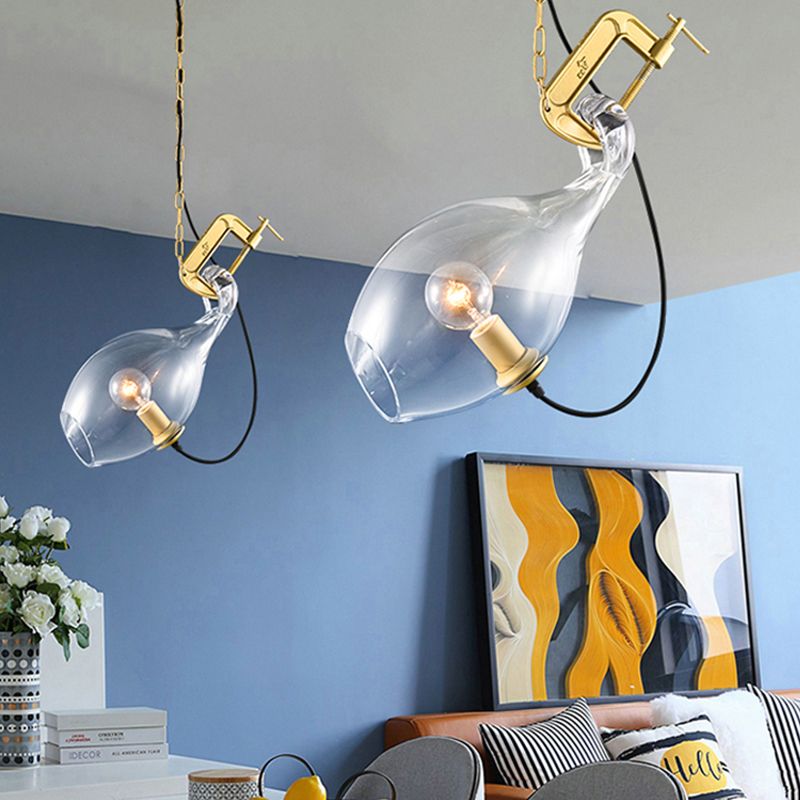 Lampe à suspension sciage moderne en verre transparent 1-bulbe kit de lumière suspendue en or pour chambre à coucher