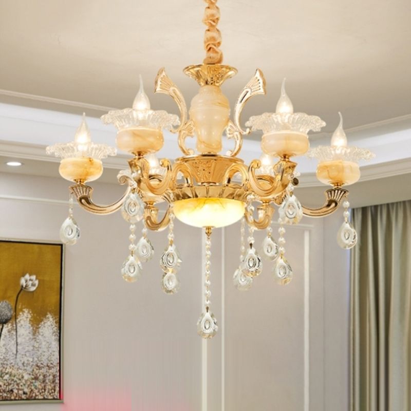 Gouden bloemenschaduw kroonluchter licht retro glas woonkamer hanglamp lamp met hangende kristal