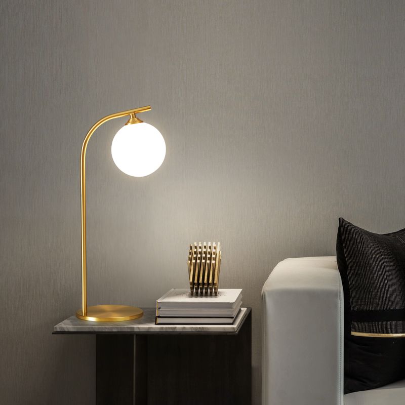 Postmodern Brass Table Lamp Ball Shaped Milk Glass 1-Light Living Room Table Light